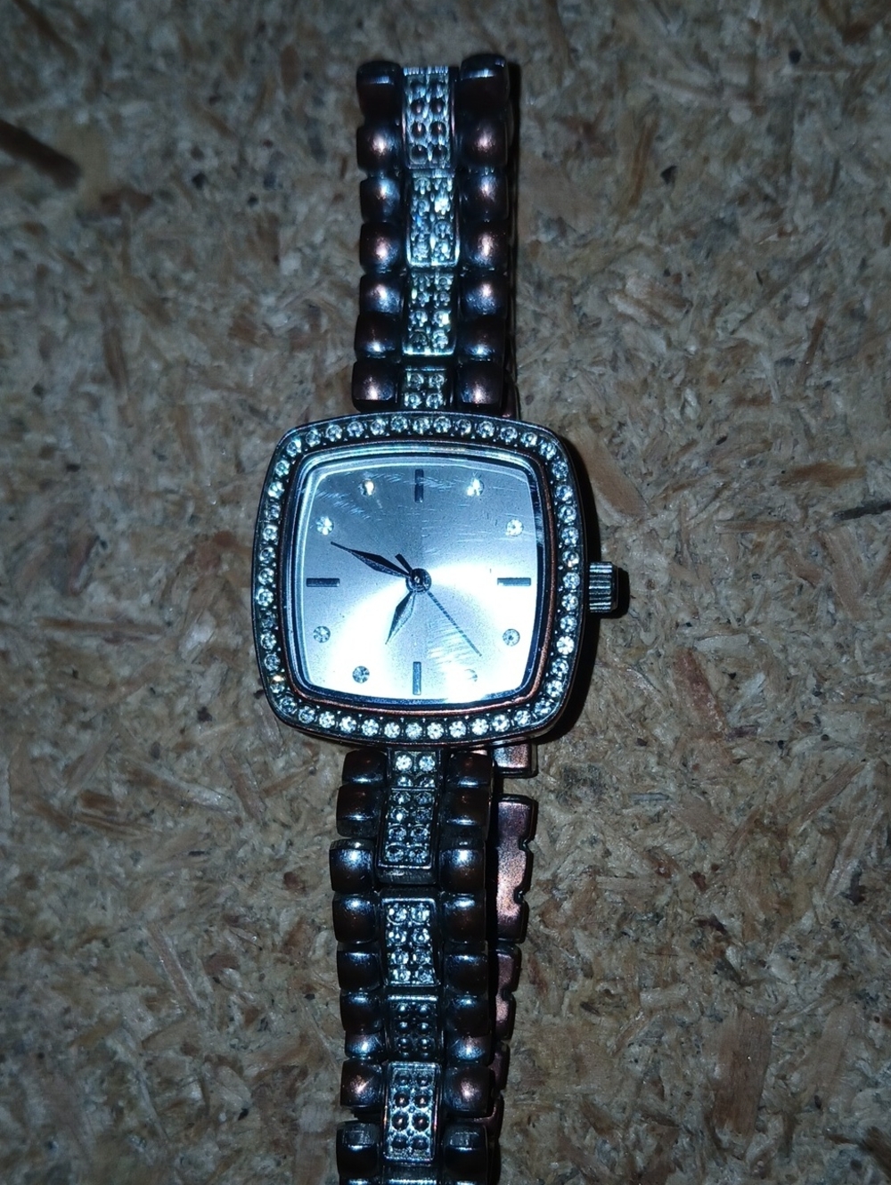 Women's Crystal Accent Square Dial Watch - Silver and Brown